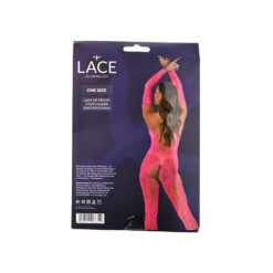 n12917 lace by lj lace up front crotchless bodystocking fushia pkg bk
