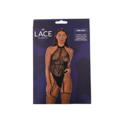 Lace by LJ Floral Lace & Net Halter Suspender Bodystocking Black 12 n12918 lace by lj floral lace and net halter suspender bodystocking black pkg