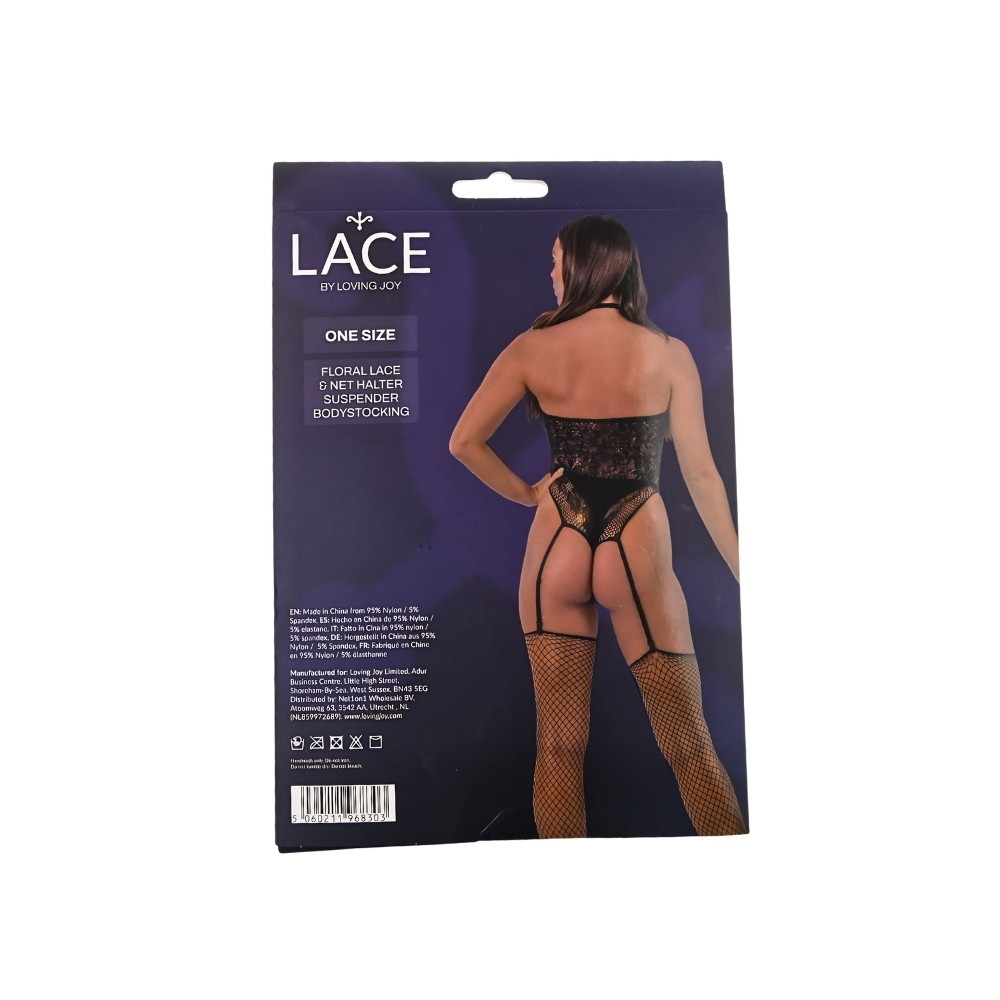 Lace by LJ Floral Lace & Net Halter Suspender Bodystocking Black 7 Lace by LJ Floral Lace & Net Halter Suspender Bodystocking Black - Image 7